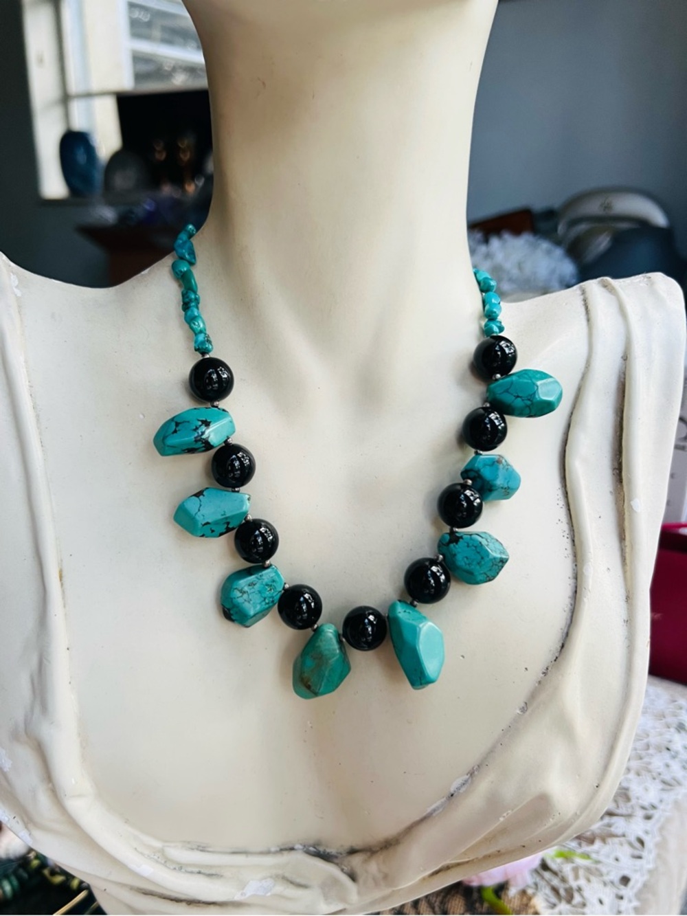 Vintage Turquoise and Black Quartz? Beaded Necklace